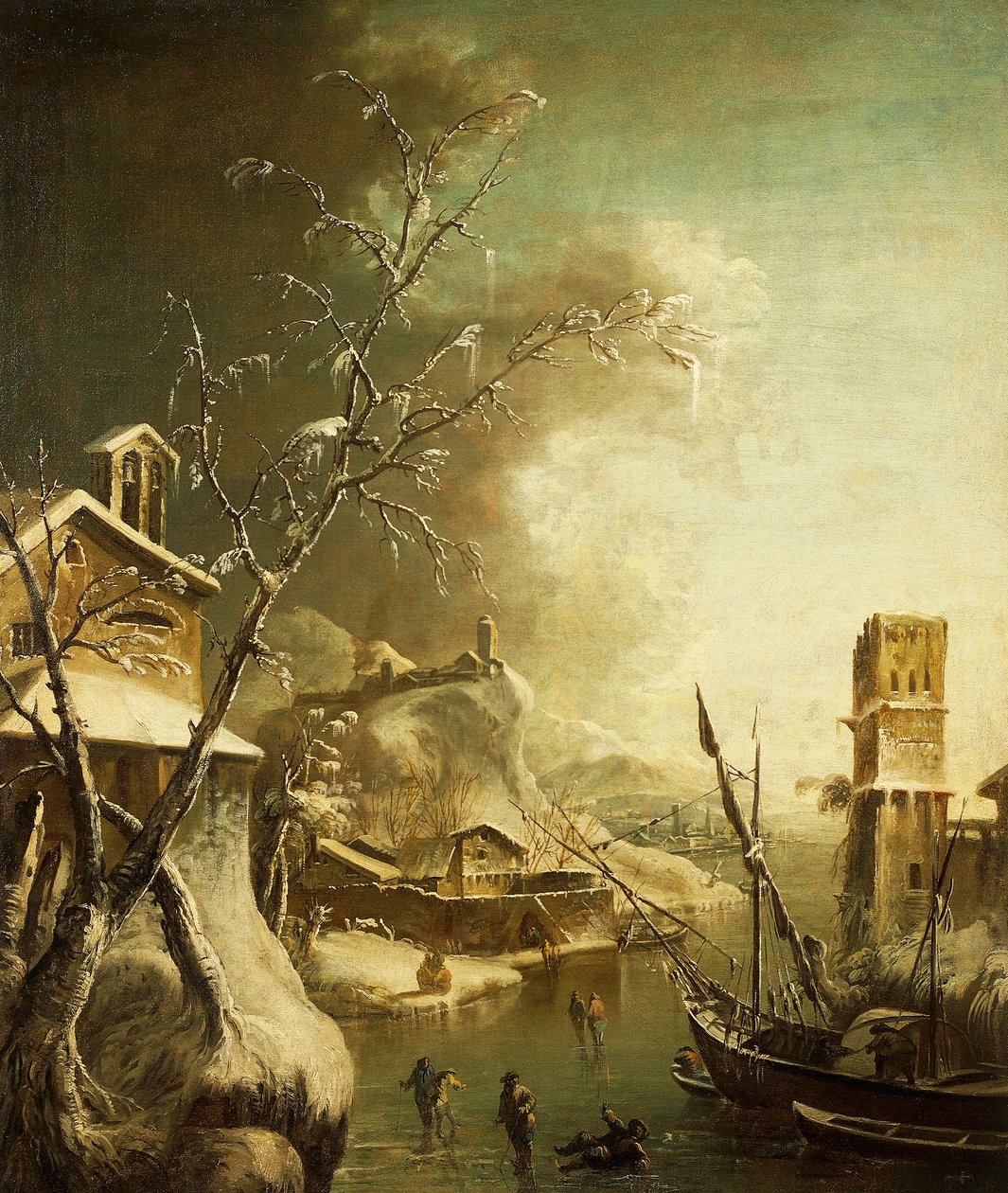 Vinterlandskap, av Bartolomeo Pedone (1665-1733), målning. av Bartolomeo Pedone