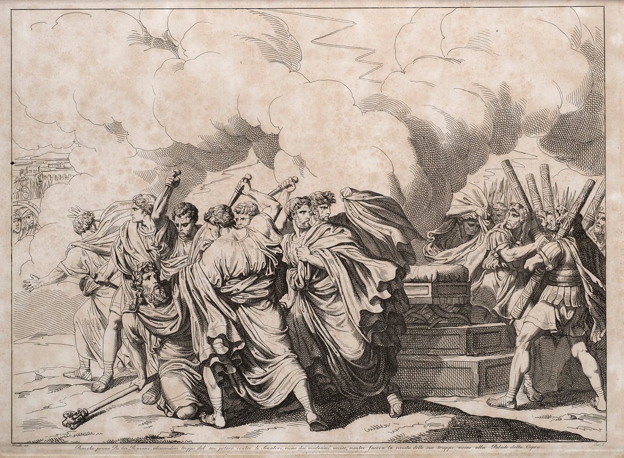 Romulus mördad av senatorerna, 1818. av Bartolomeo Pinelli