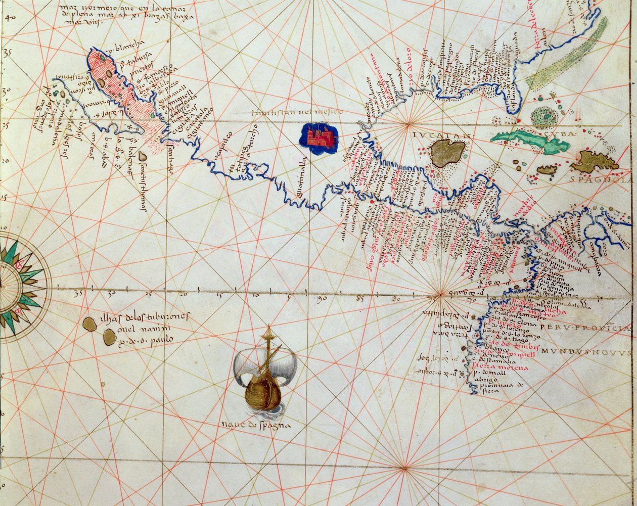 Centralamerika, från en atlas över världen i 33 kartor, Venedig, 1 september 1553 (bläck på veläng) (detalj från 330960) av Battista Agnese