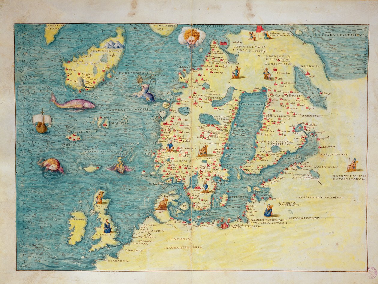 Nordeuropa, från en världsatlas på 33 kartor, Venedig, 1 september 1553 (bläck på veläng) (se även 330952) av Battista Agnese