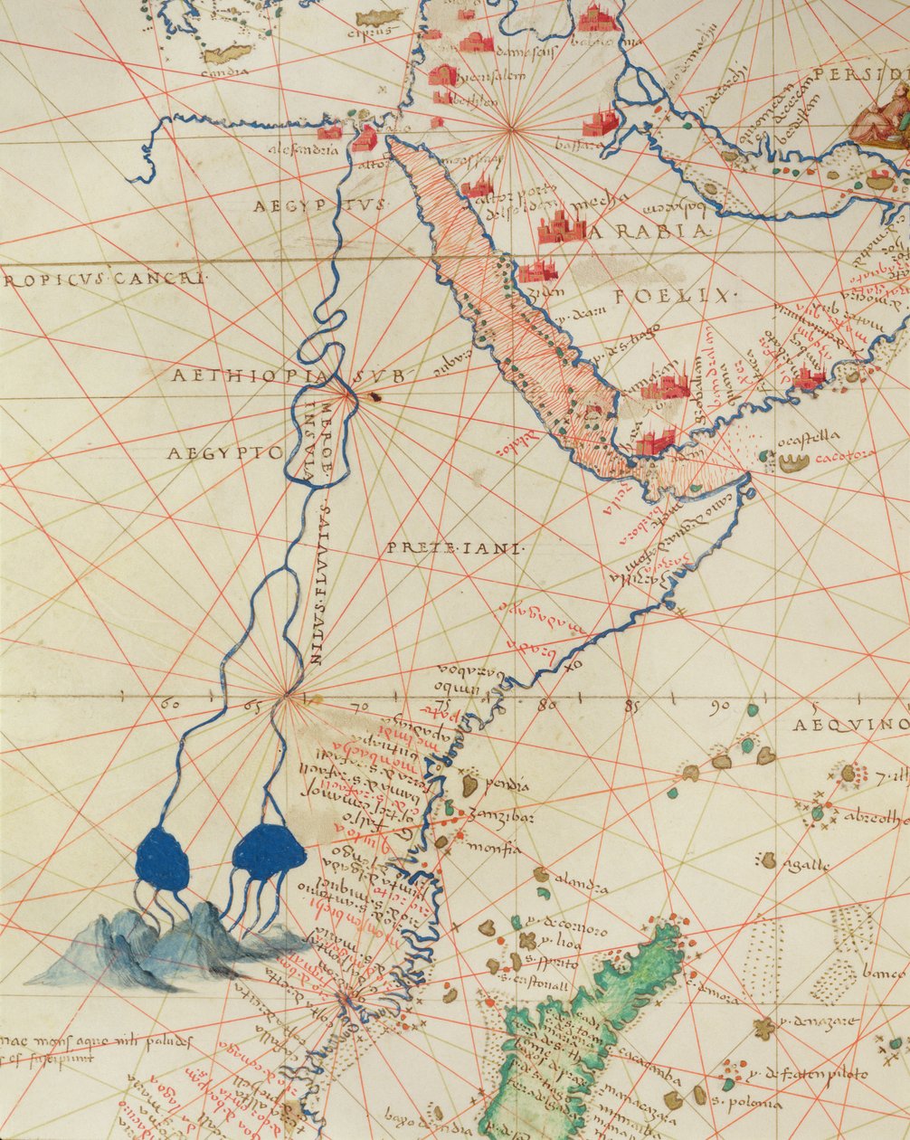 En del av Afrika, från en atlas över världen i 33 kartor, Venedig, 1 september 1553 (bläck på veläng) (detalj från 330955) av Battista Agnese