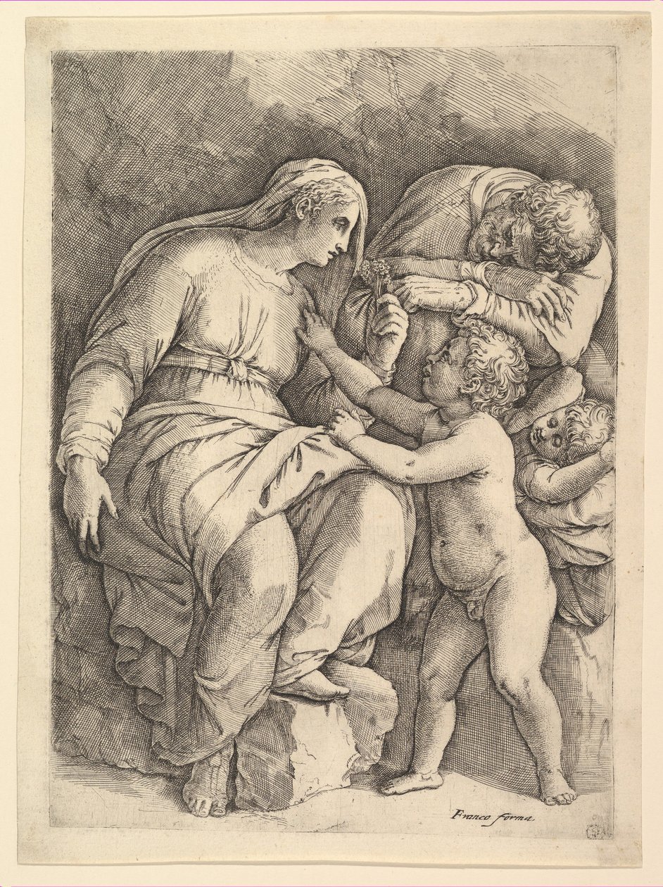 Den heliga familjen. av Battista Franco Veneziano