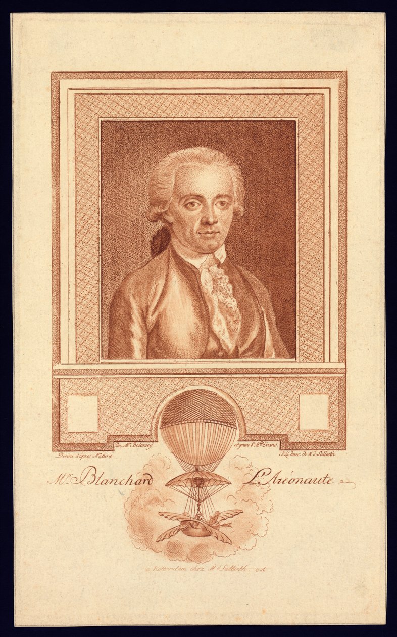 Mr Blanchard, Aeronaut, c.1780-1800 stippelgravyr av Benjamin Samuel Bolomey
