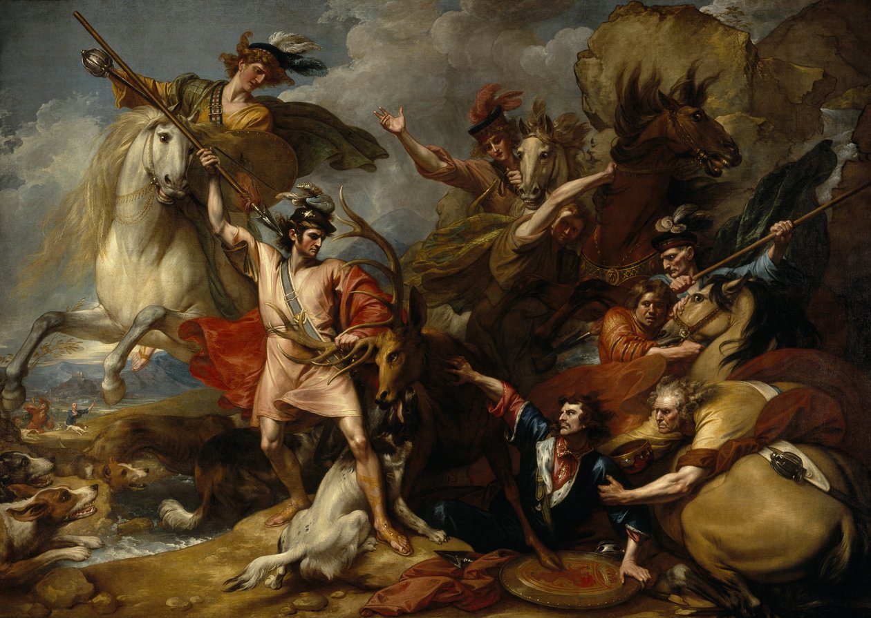 Alexander III av Skottland räddad från raseriets raseri av Colin Fitzgeralds oskräcklighet (hjortens död) av Benjamin West