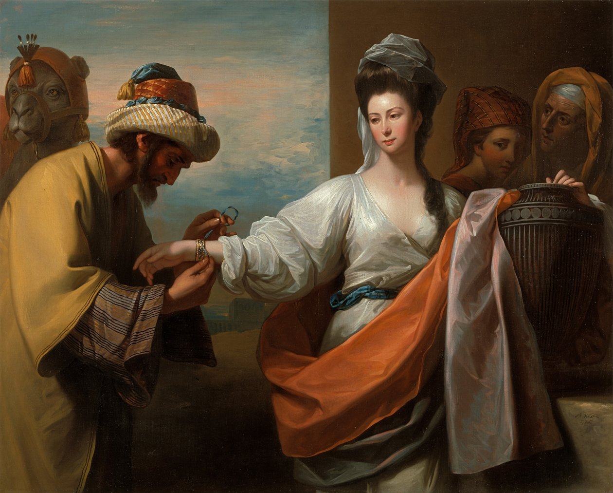 Isaacs tjänare knyter armbandet på Rebeccas arm av Benjamin West