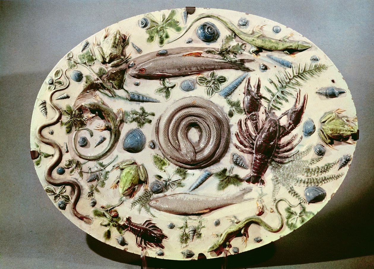 Fat "Rustique Figuline" med vit bakgrund (fajans) av Bernard Palissy