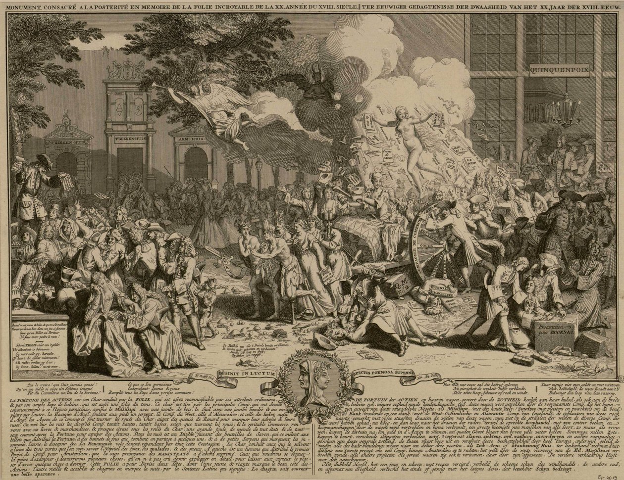 Satiriskt tryck om hur Laws system fungerar och dess konkurs 1720 av Bernard Picart