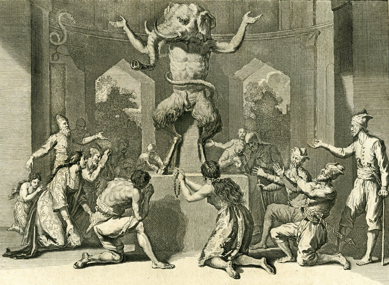 Folket på Ceylon dyrkar guden Ganesh, som ger visdom, hälsa och rikedom, 1729 (kopparstick) av Bernard Picart