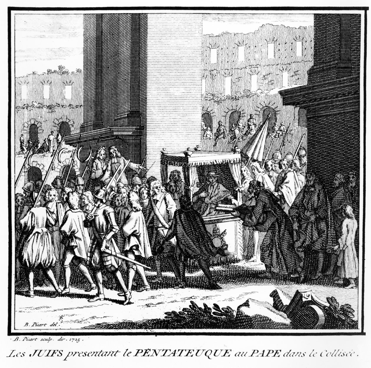 Judarna i Rom presenterar Pentateuchen för påven i Colosseum, 1725 av Bernard Picart