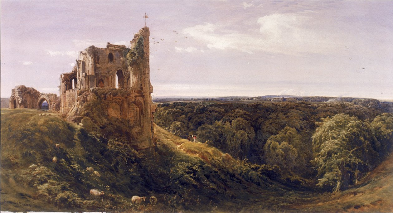 Förfallet slott i ett landskap (Knaresborough Castle) (bodycolour) av Bernard Walter Evans
