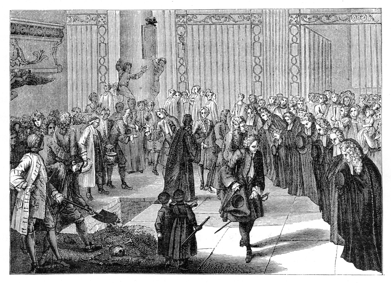 Begravning i en kyrka, 1885. av Bernard Picart