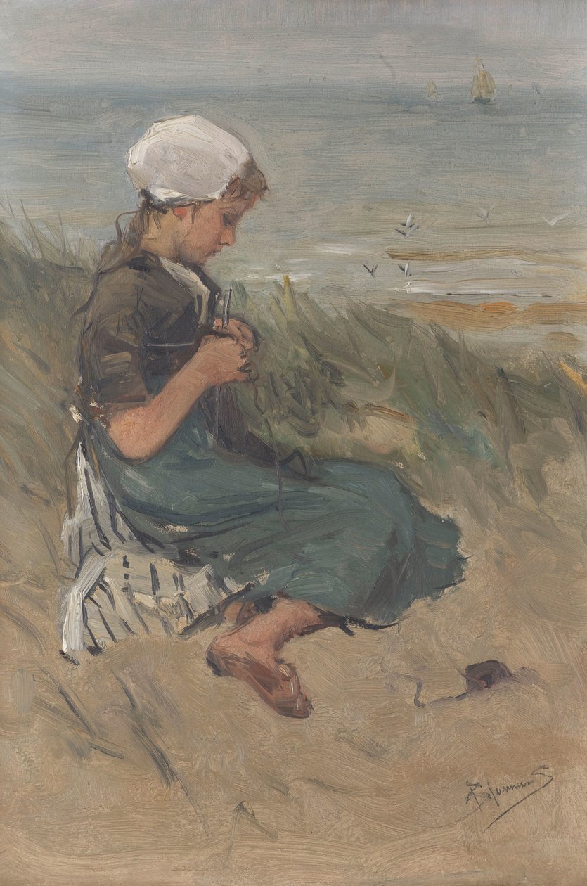 Flicka stickning i sanddynerna av Bernardus Johannes Blommers