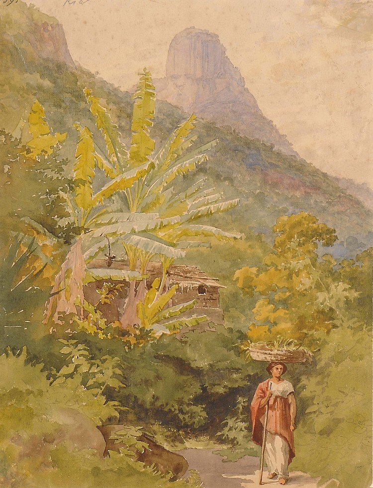 A Brazilian woman carrying a basket of fruit on her head, with Sugar Loaf beyond av Bernhard Wiegandt