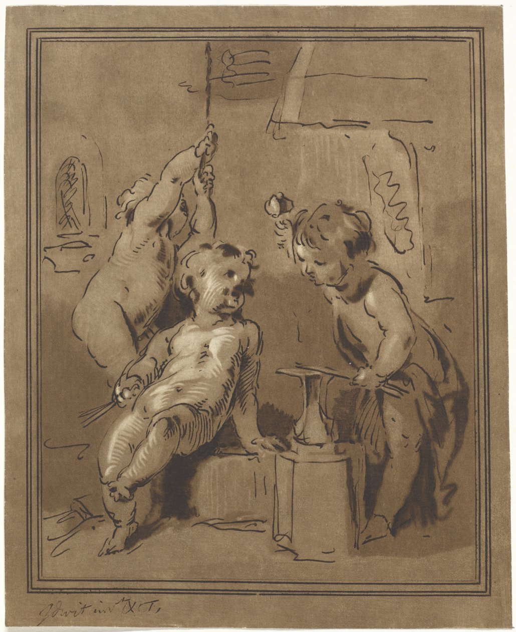 Tre putti vid ett städ av Bernhard Schreuder