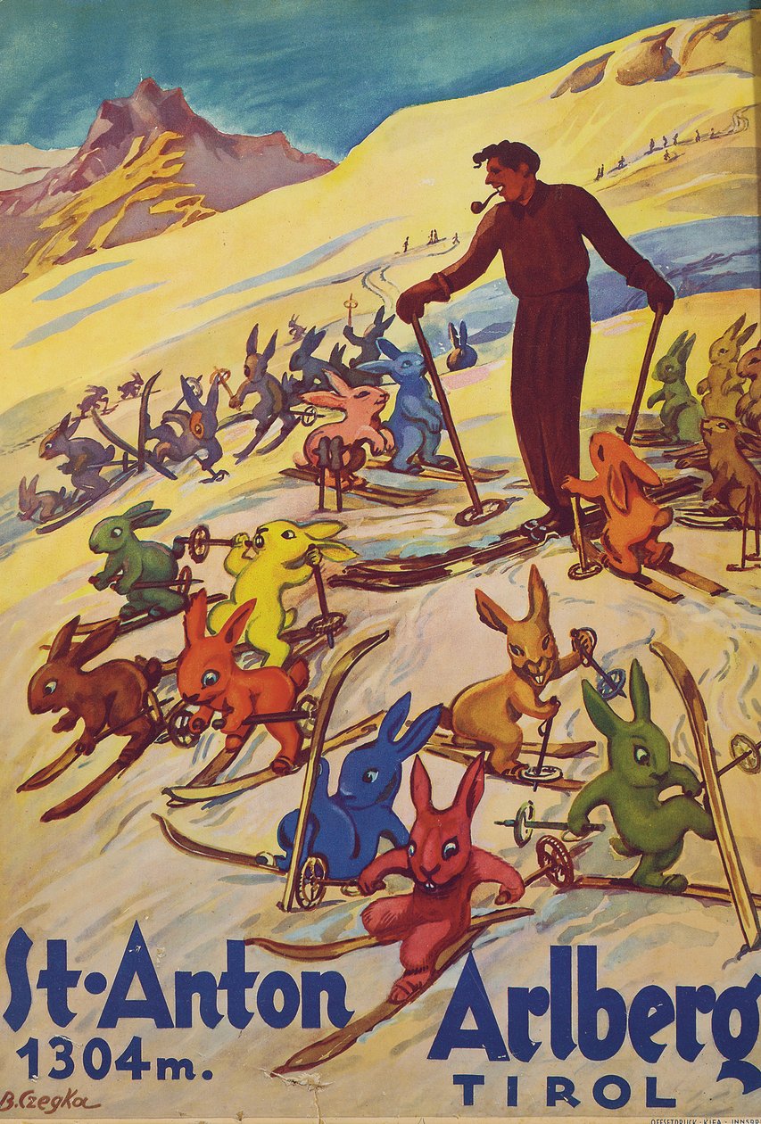 St. Anton, Arlberg, ca 1930 (färglitografi) av Bertha Czegka