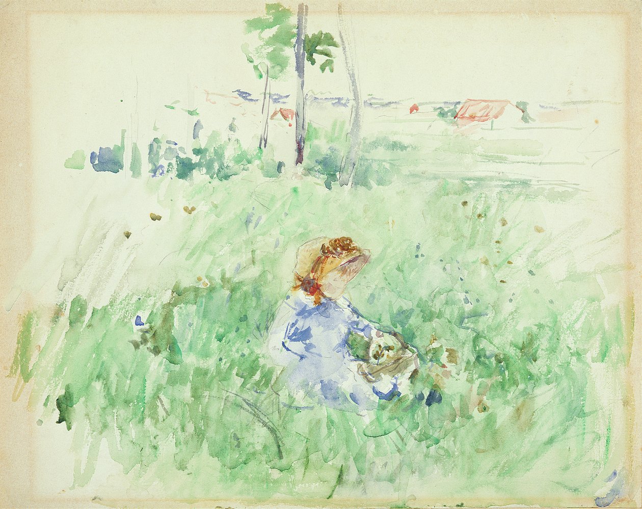 Ung flicka sitter på gräsmattan, 1882 av Berthe Morisot