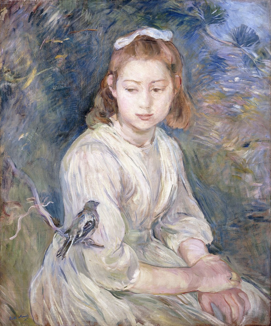 Liten flicka med en fågel, 1891 av Berthe Morisot