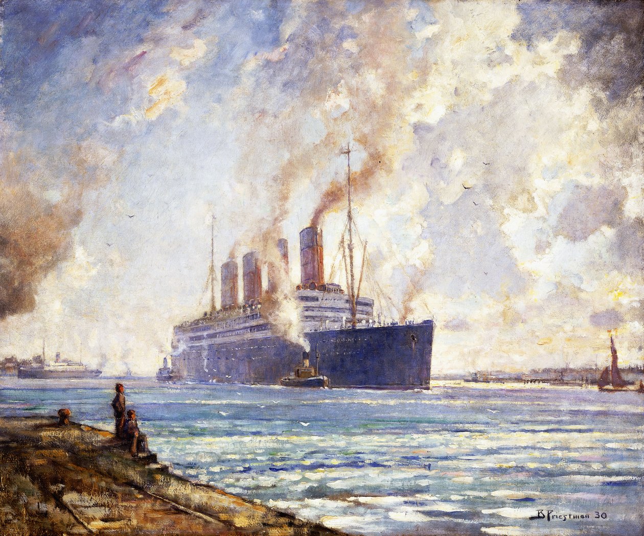 Aquitania kommer uppför Southampton Water av Bertram Priestman