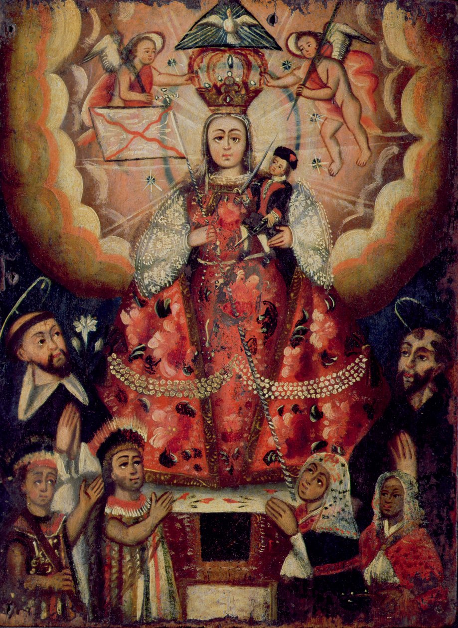 Madonna med Kristusbarnet, St Dominic, St Francis och indiantillbedjare av Bolivian School