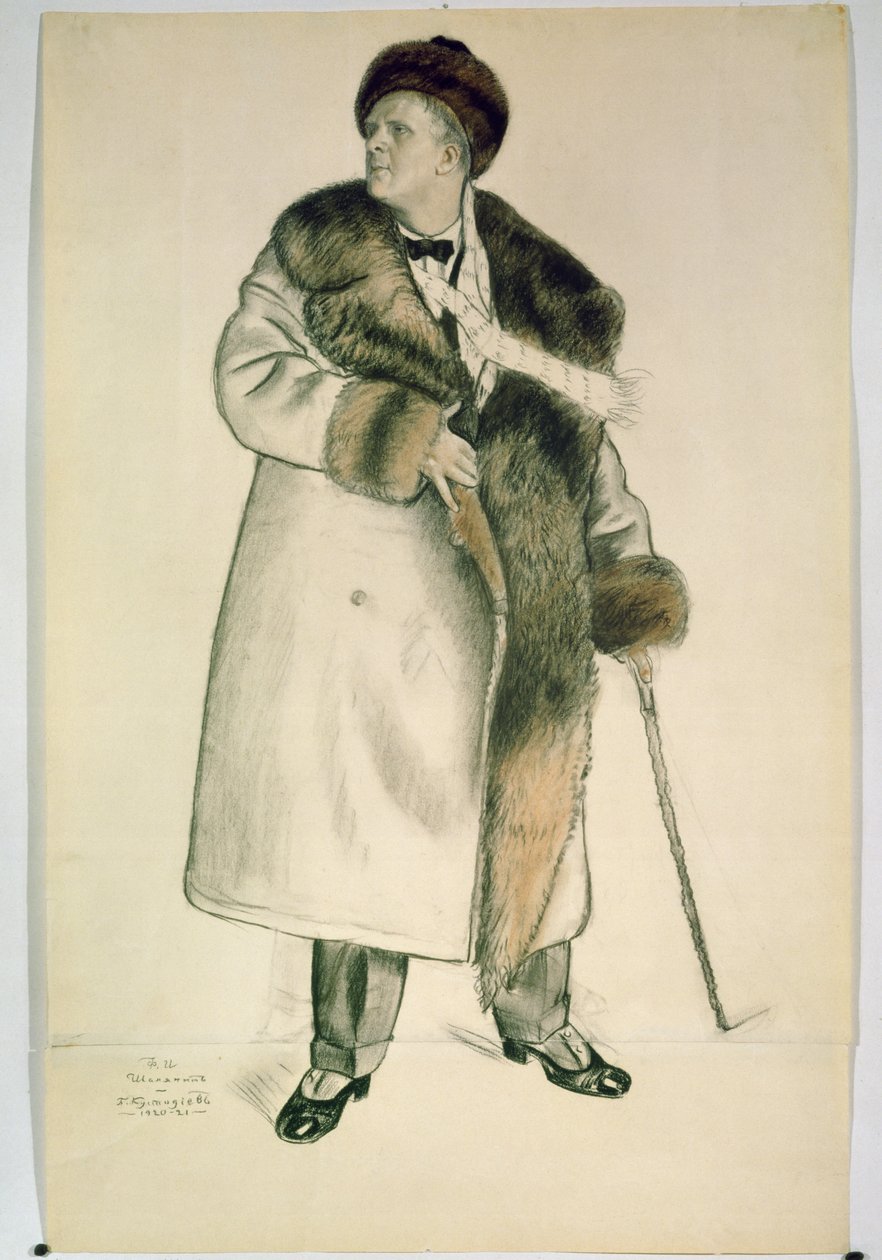 Portræt af operasangeren Feodor Ivanovich Chaliapin (1873-1938) 1920-21 (kul og wc på papir) sverige av Boris Mikhailovich Kustodiev