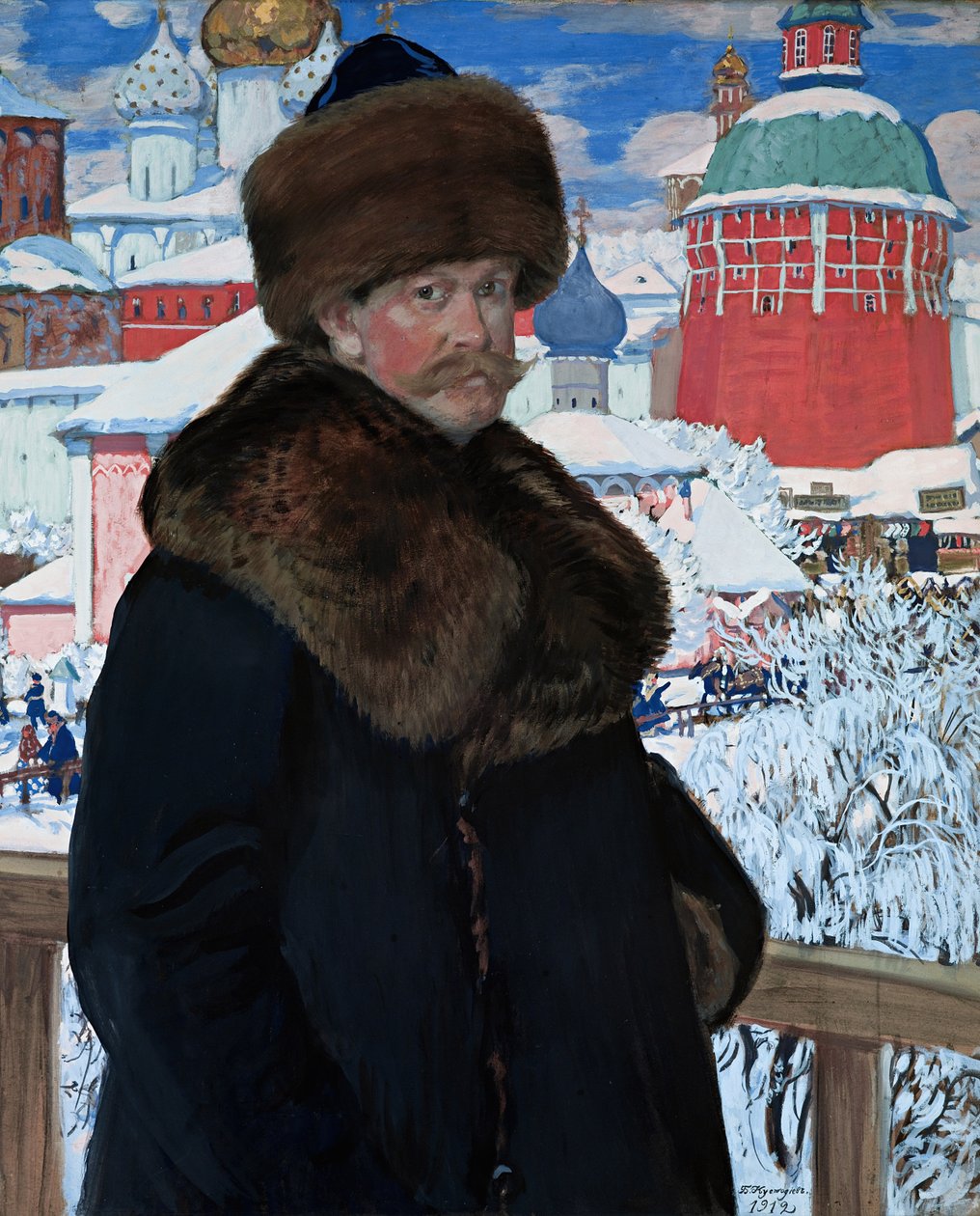 Självporträtt, 1912 (tempera på kartong) av Boris Mikhailovich Kustodiev