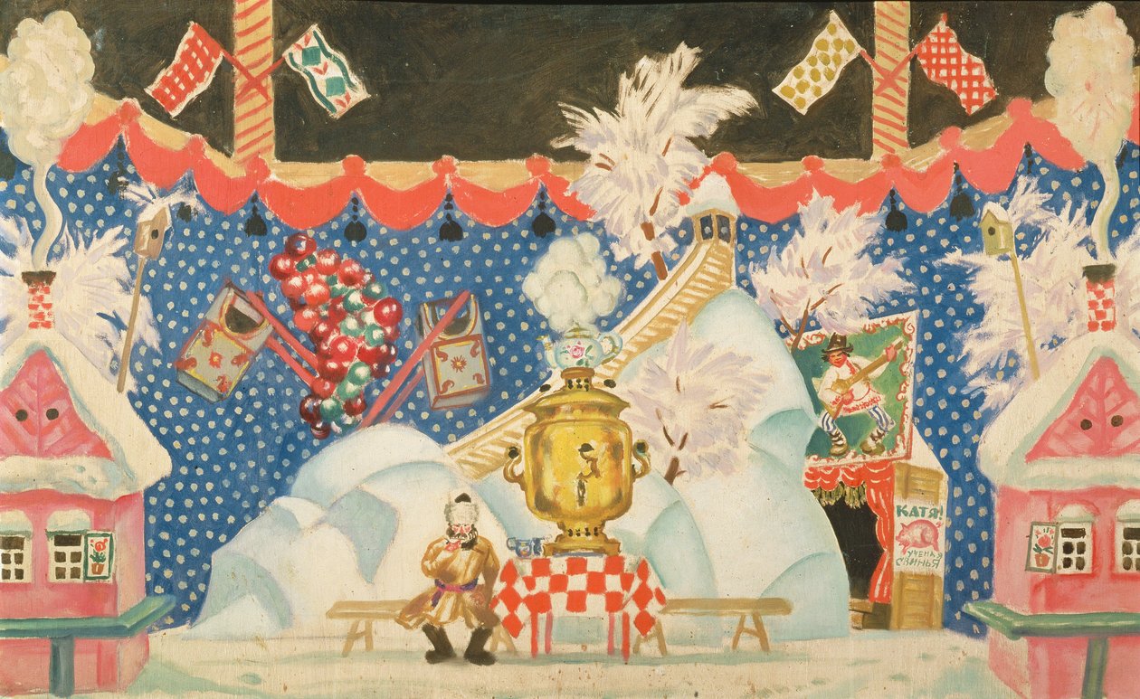 View in Tula, en sketch till E. Zamyatins pjäs "The Flea", 1925-26 av Boris Mikhailovich Kustodiev
