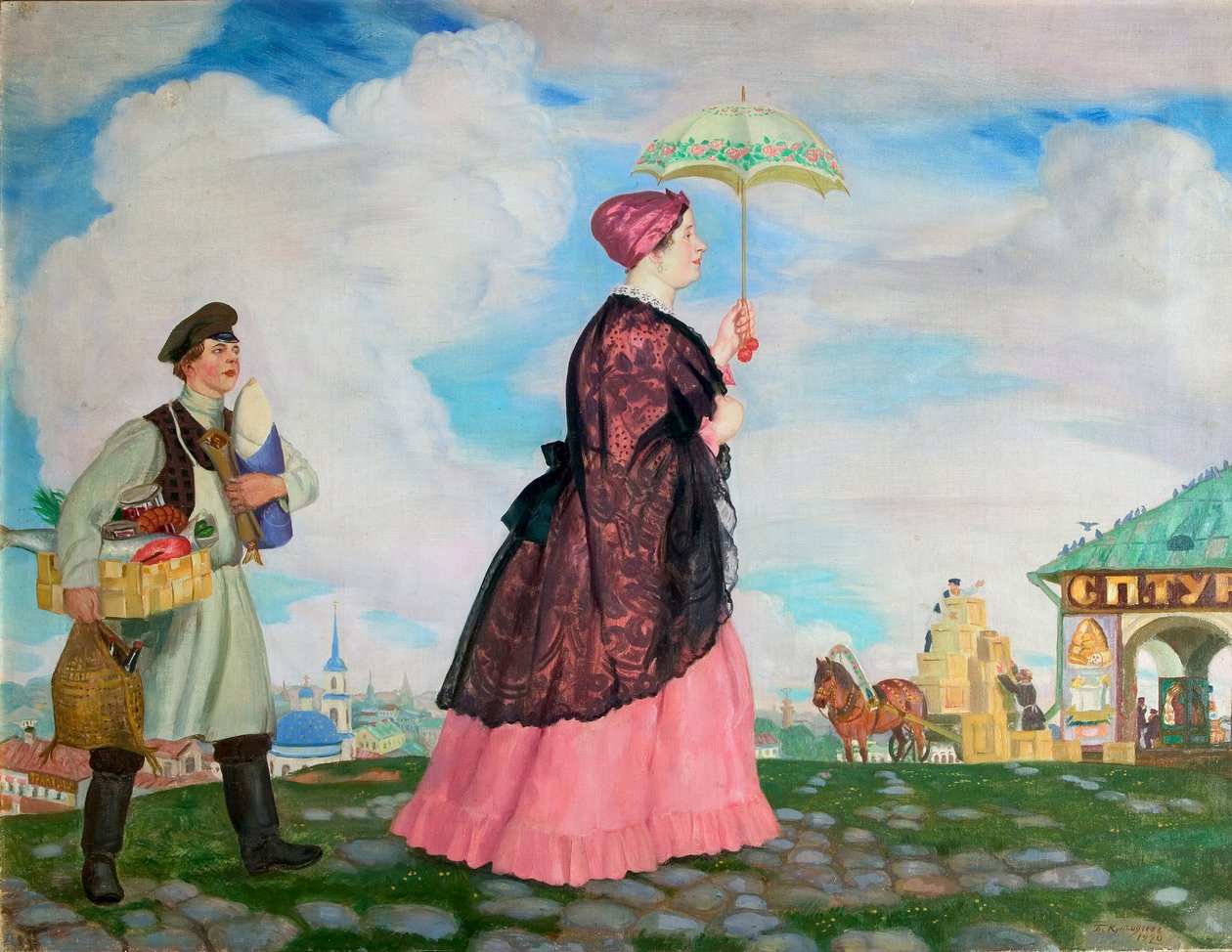 Köpmanskvinna med inköp, 1920 av Boris Mikhailovich Kustodiev