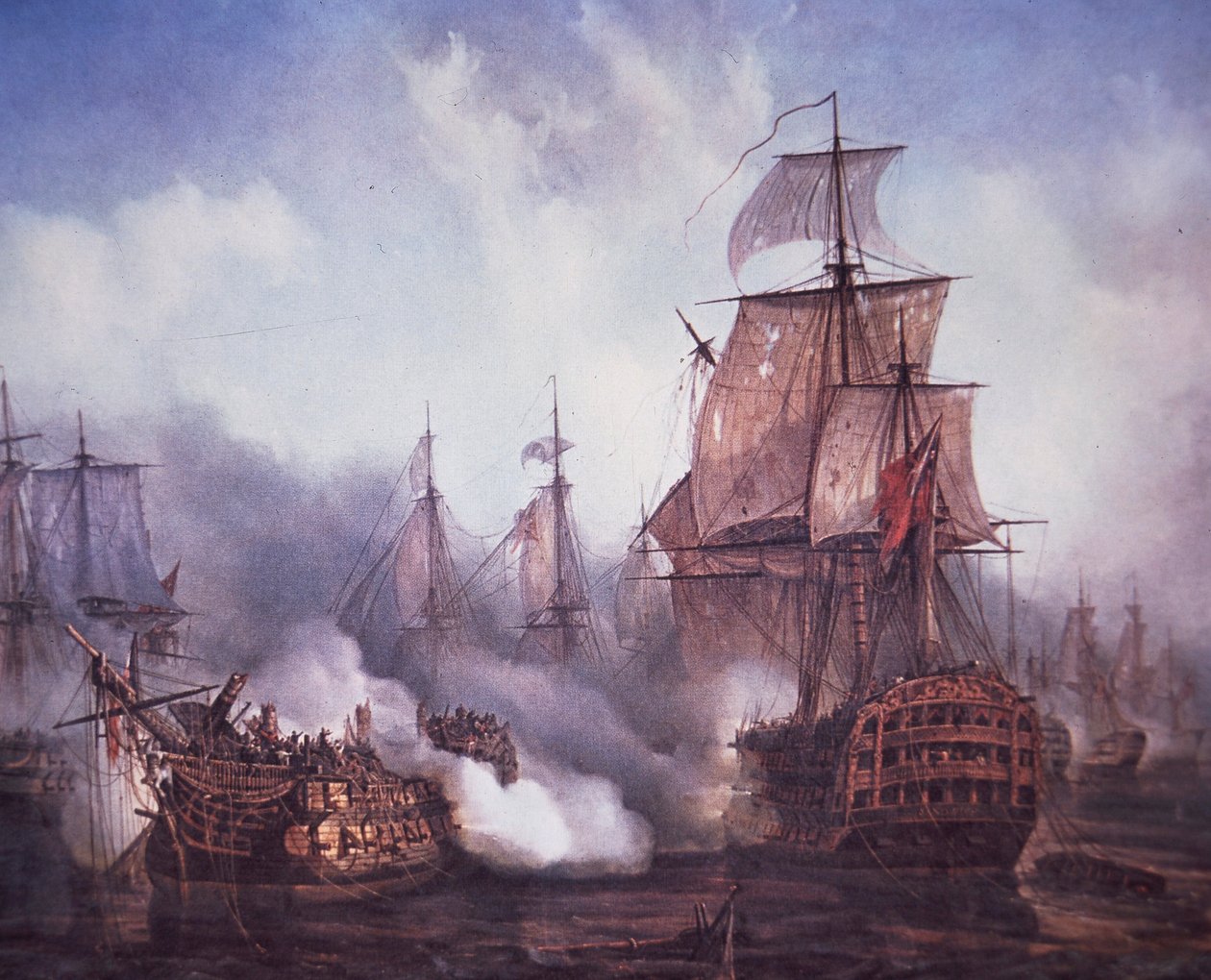 Slaget vid Trafalgar 1805 (färg litho) av British School