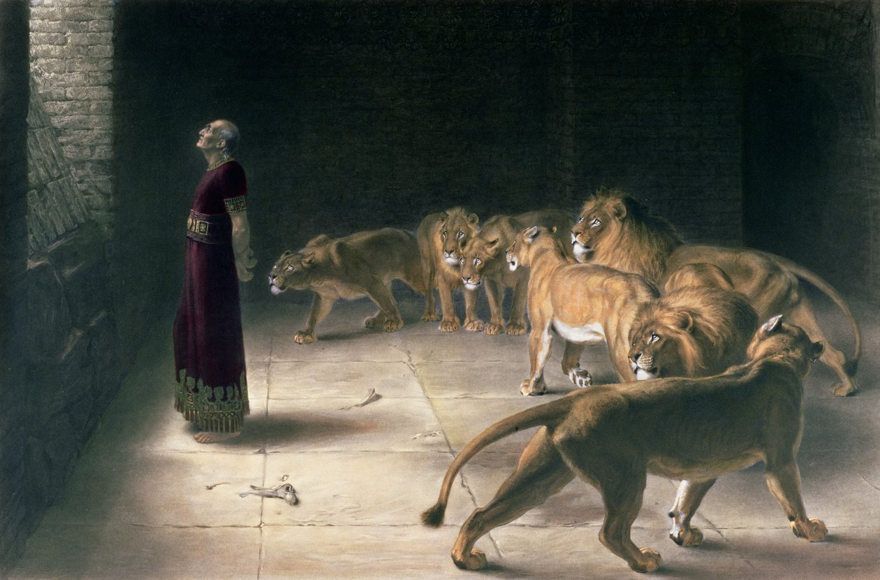 Daniel in the Lions Den, mezzotint av J. B. Pratt, med handkolorering, utgiven av Thomas Agnew and Sons, 1892. av Briton Riviere