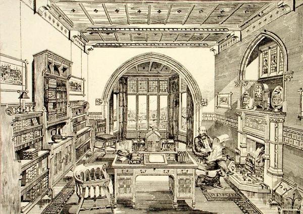 Interiörvy av ett bibliotek av Bruce James Talbert