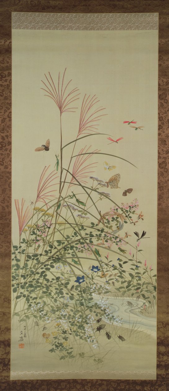 Höstblommor och insekter vid en bäck, 1910 (bläck och färger på siden) av Bunrei Maekawa