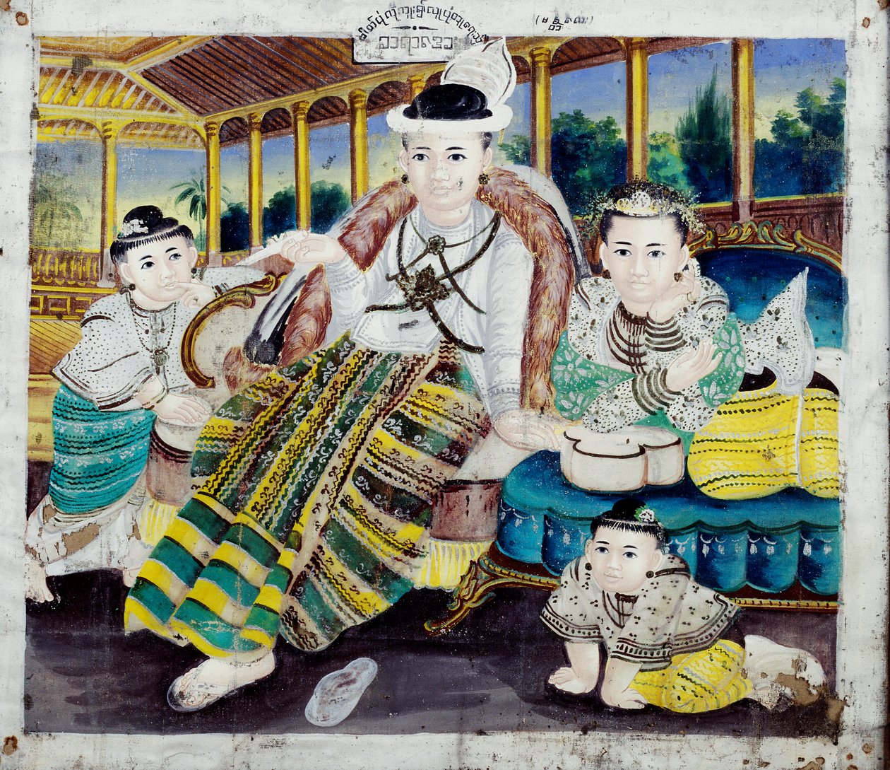 Familjeporträtt (gouache på textil) av Burmese School