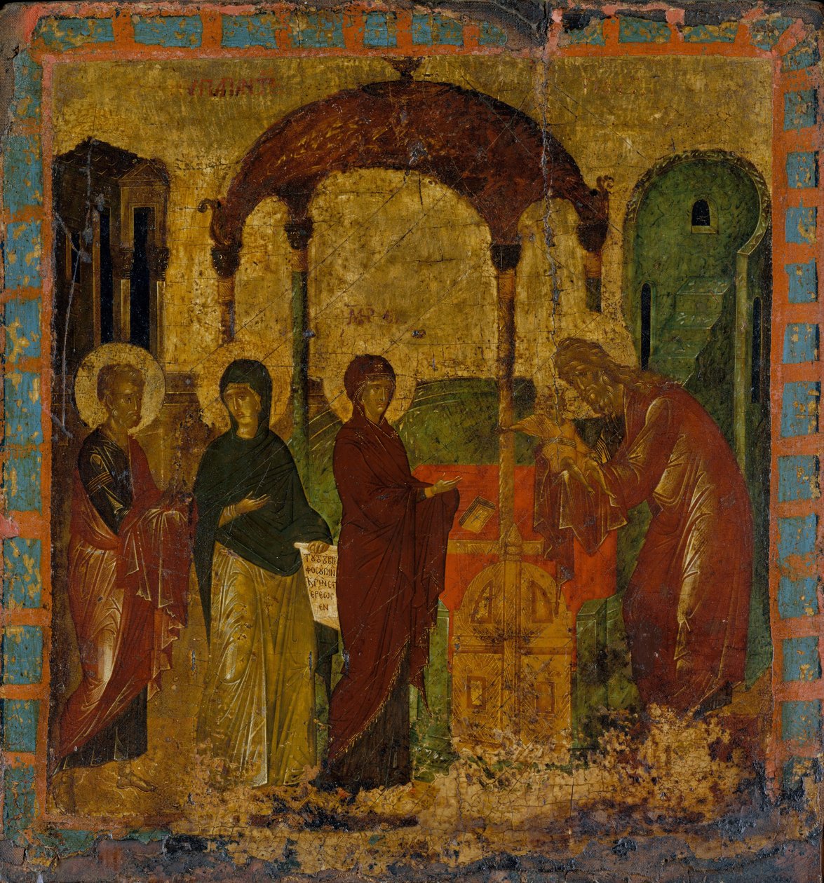 Presentationen i templet (tempera på trä, guldslipad) av Byzantine