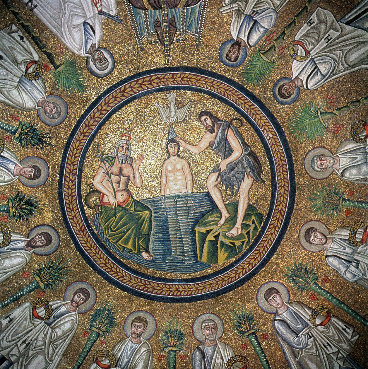 Kristi dop, omgiven av de tolv apostlarna (mosaik) av Byzantine School