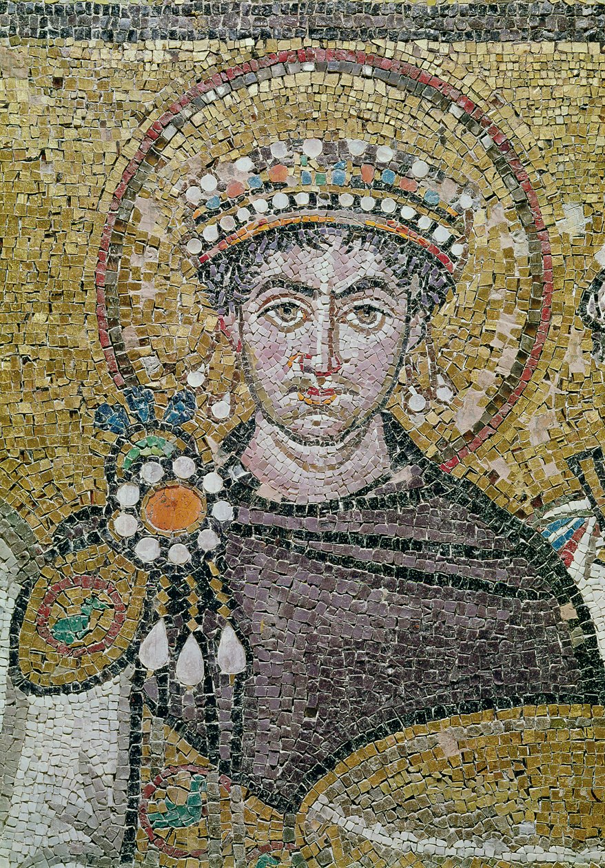 Kejsar Justinianus I (483-565) c.547 AD (mosaik) (detalj av 83451) av Byzantine School