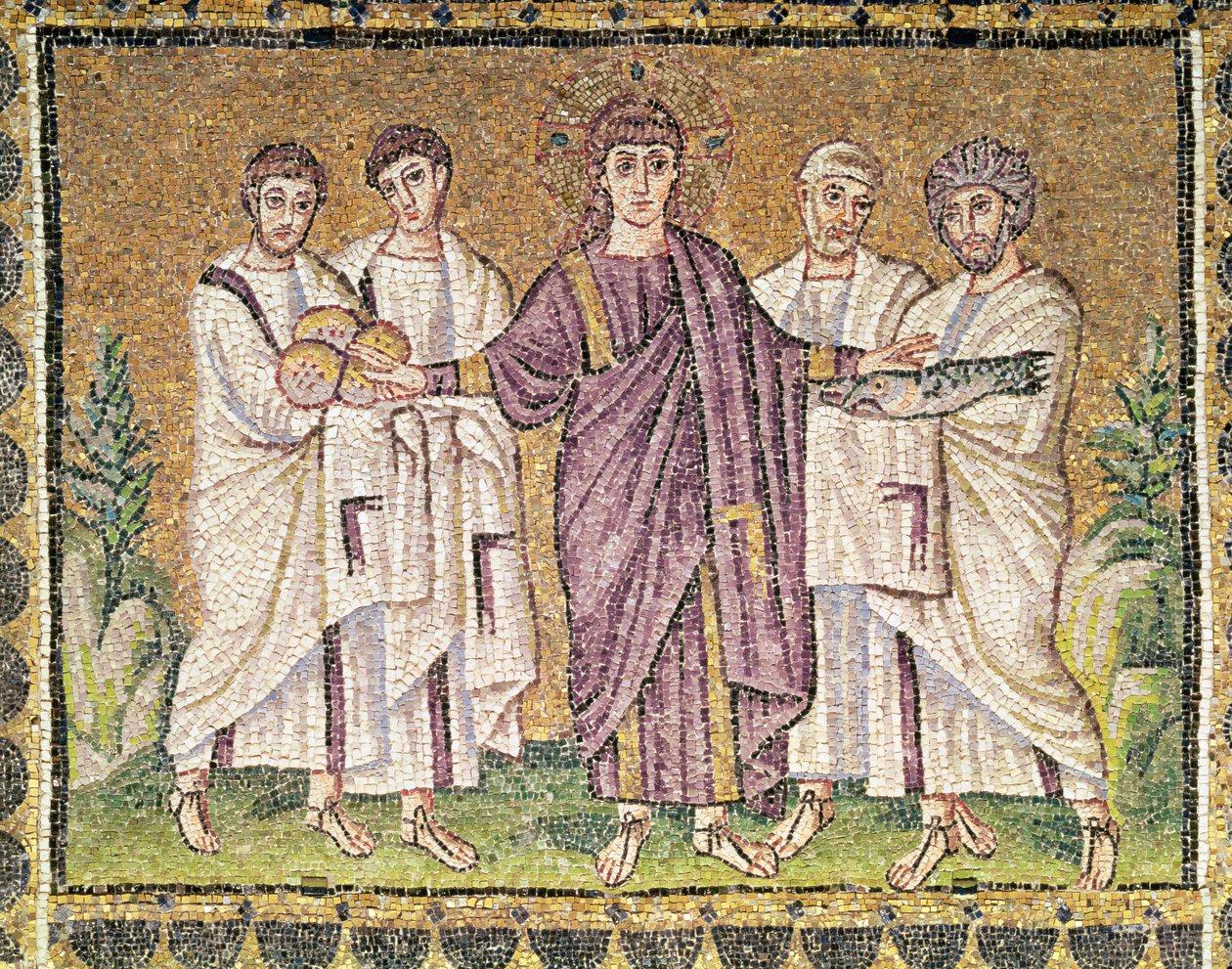 Multiplikation av brödet och fiskarna, scener ur Kristi liv (mosaik) av Byzantine School