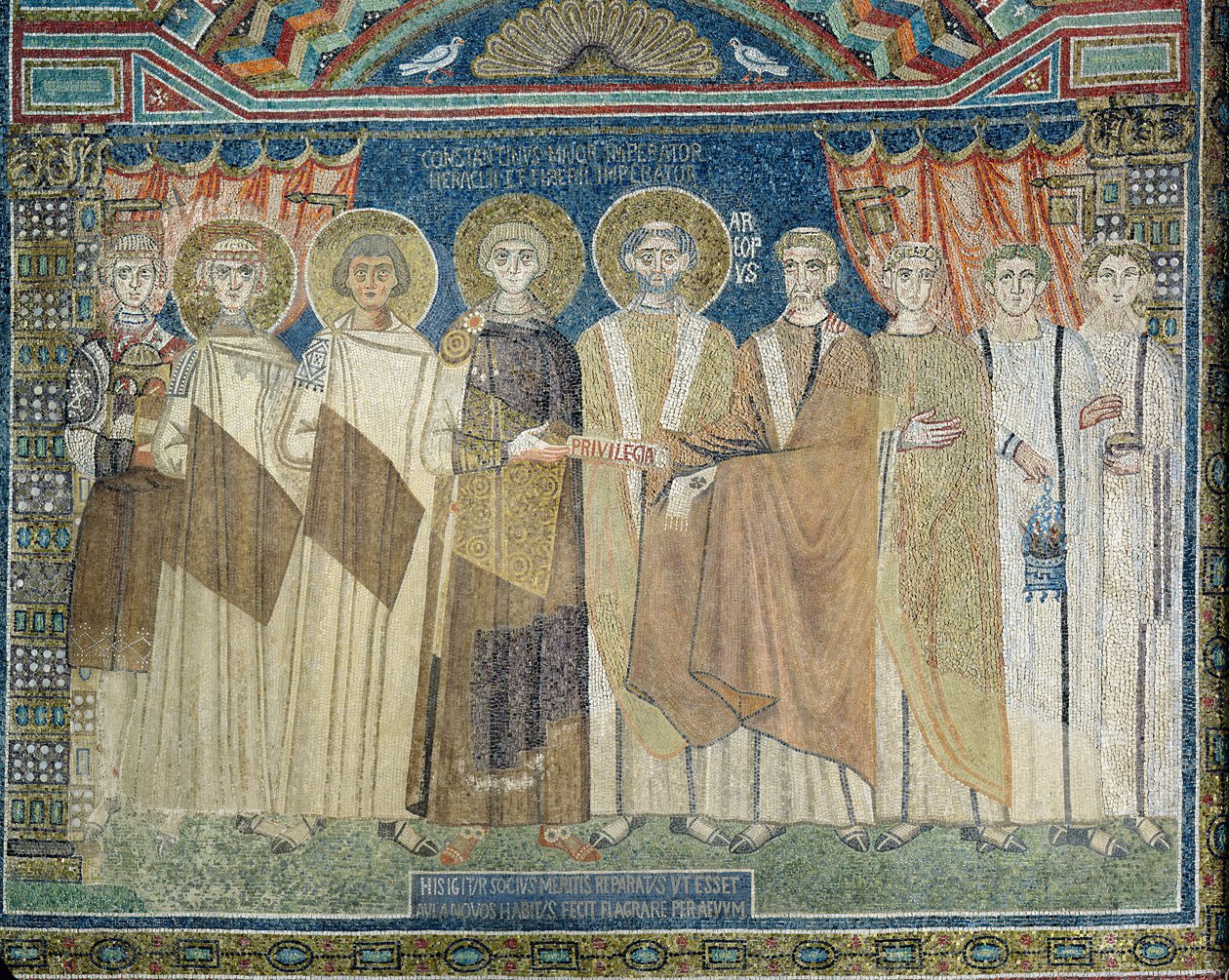 Kejsaren Konstantin IV beviljar skatteimmunitet till ärkebiskopen av Ravenna (mosaik) av Byzantine School