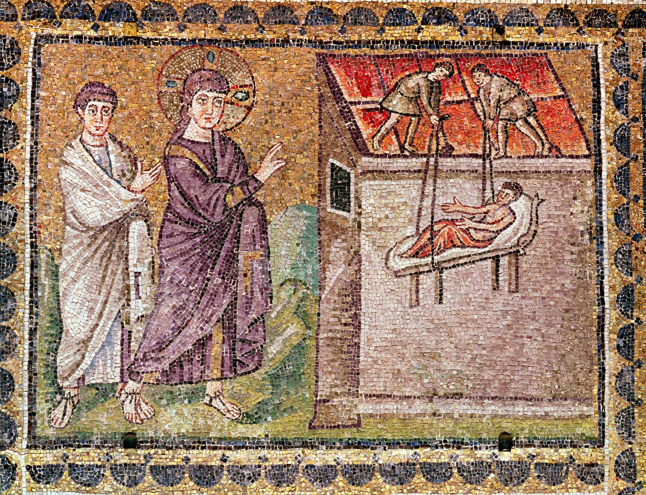 Den paralytiska i Kaparnaum sänks från taket, scener ur Kristi liv (mosaik) av Byzantine School