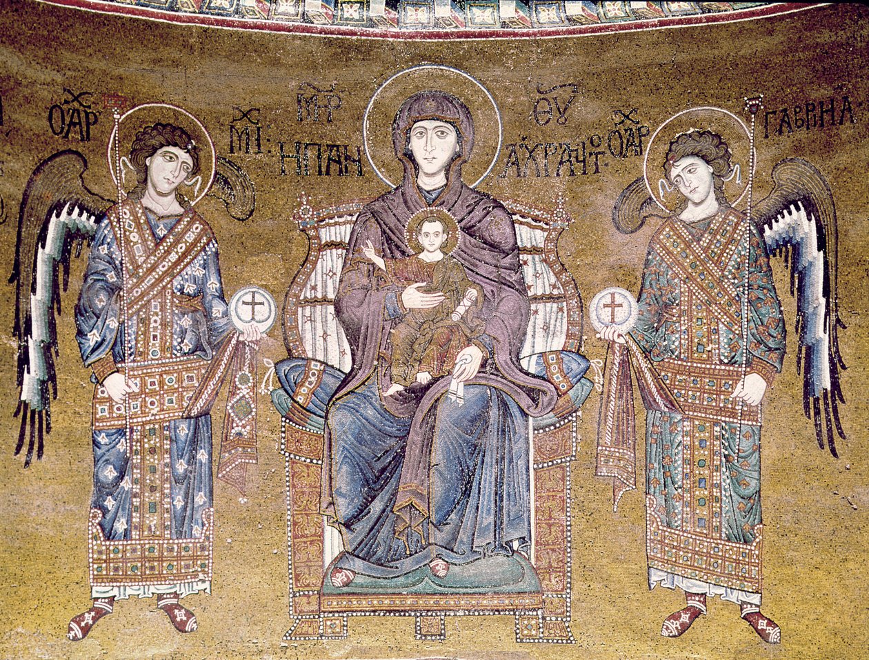 Jungfrun och barnet tronade mellan två änglar, från absiden (mosaik) av Byzantine School