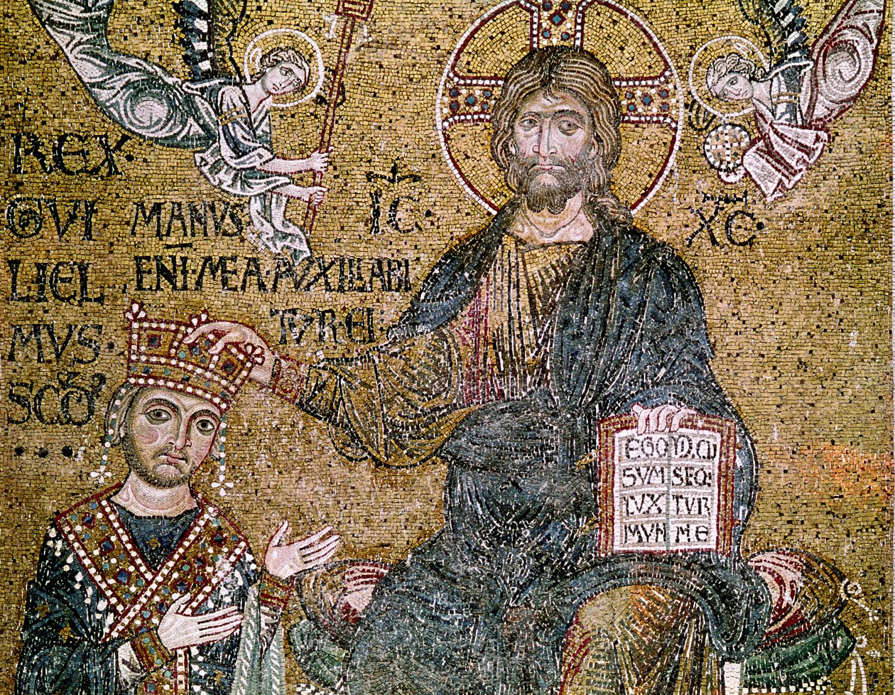Vilhelm II (1154-89), kung av Sicilien, tar emot en krona av Kristus (mosaik) av Byzantine School