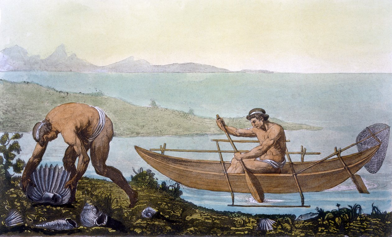 Fiskare i kanot och man som samlar gigantiska snäckor, Island of Ubi, från 