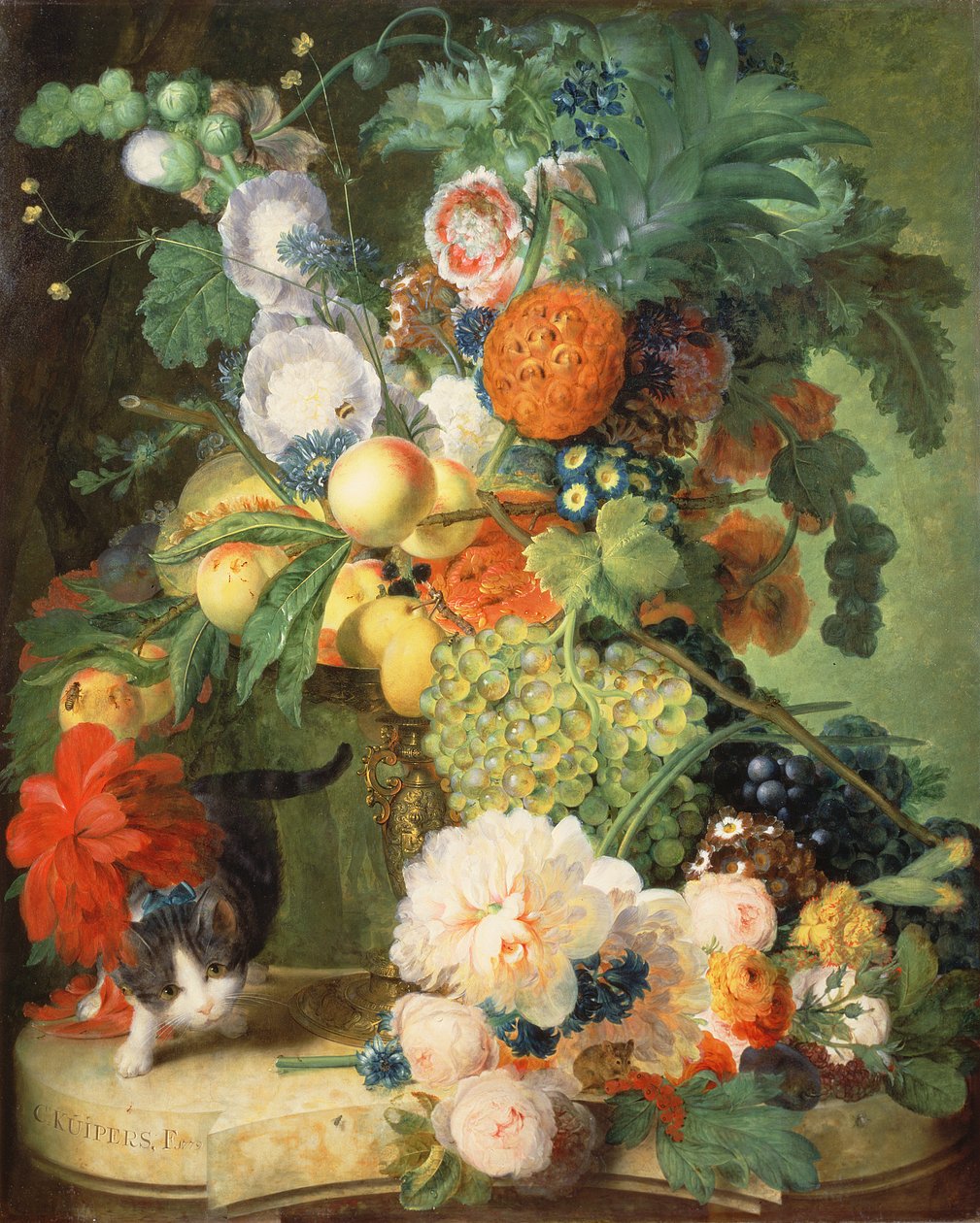 Stilleben med blommor och katt av C. Kuipers