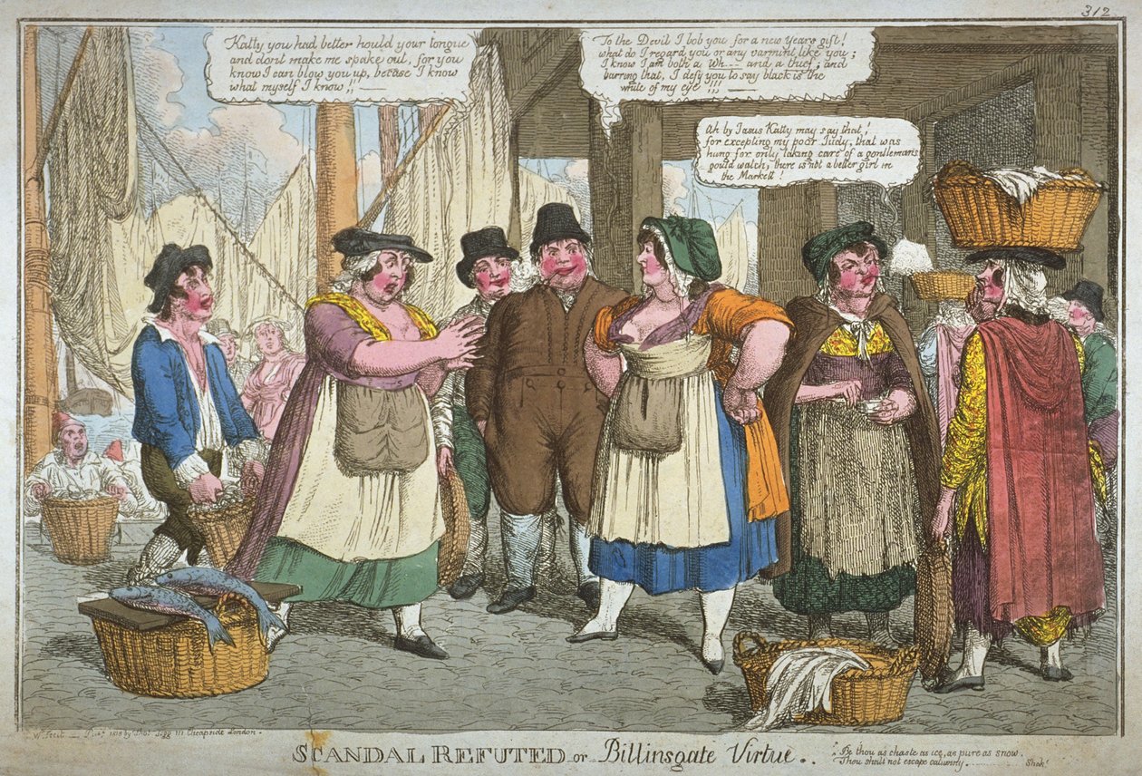 "Skandal motbevisad, eller Billingsgate-dygd", 1818 (handfärgad etsning) av C. Williams