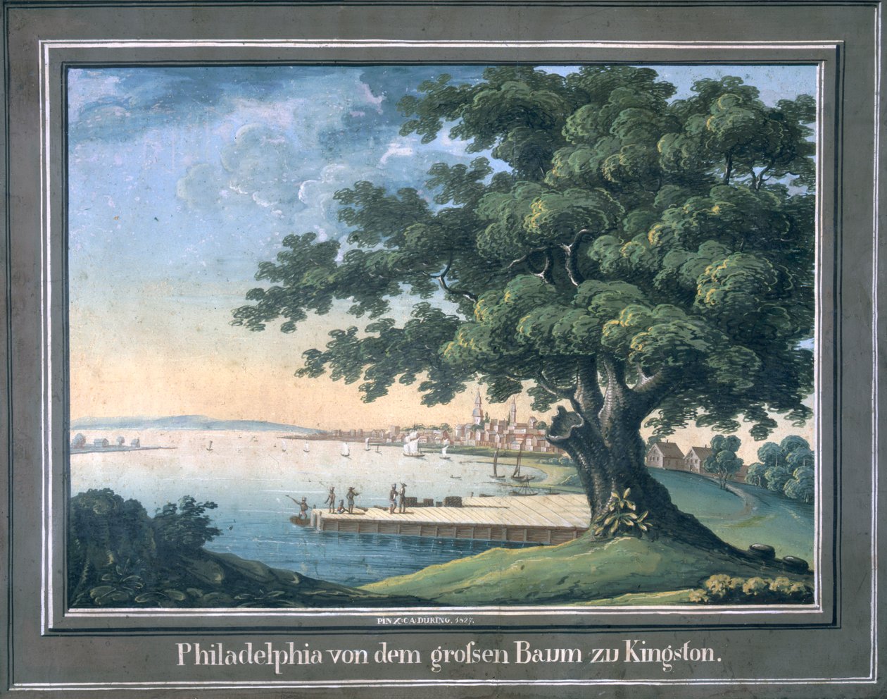 The Great Tree of Kingston med utsikt över Philadelphia bakom (wc och gouache på papper) av C.A. During