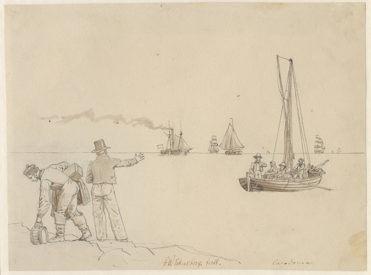 Passagerare förs ut till ångfartyget Caledonia. av Christoffer Wilhelm Eckersberg