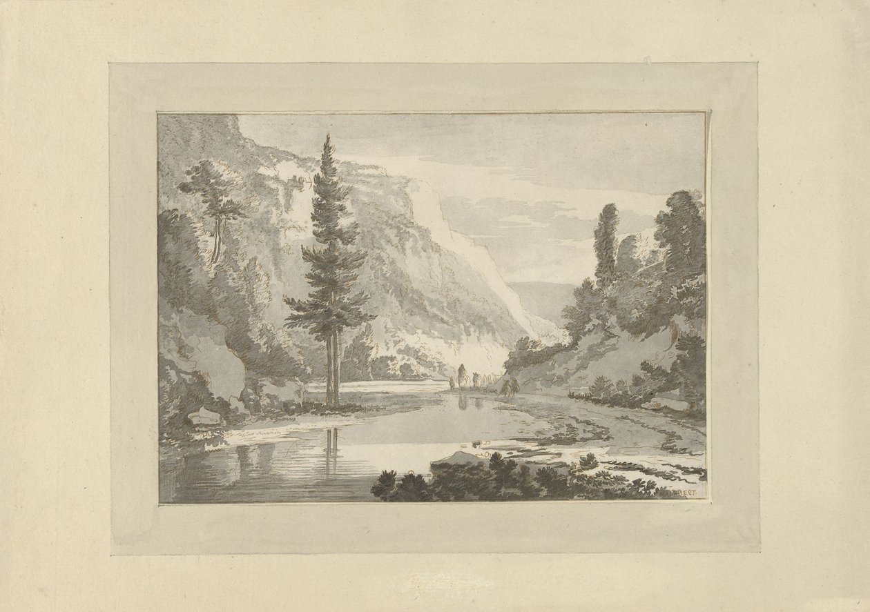 Berglandskap med herdar på en flodstrand av C. Brouwer