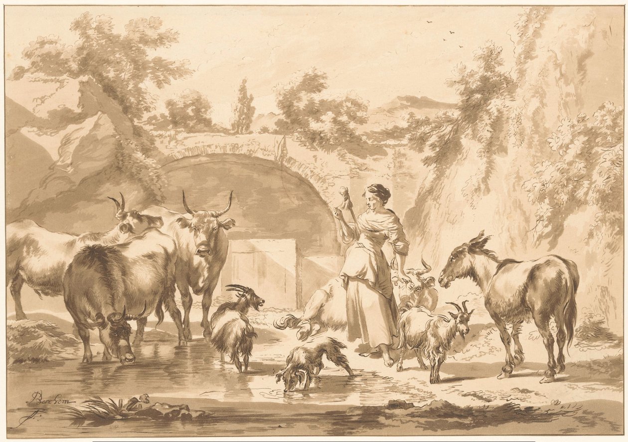 Spinnande herdinna med flock av C. Dietrich (prentmaker) (possibly)