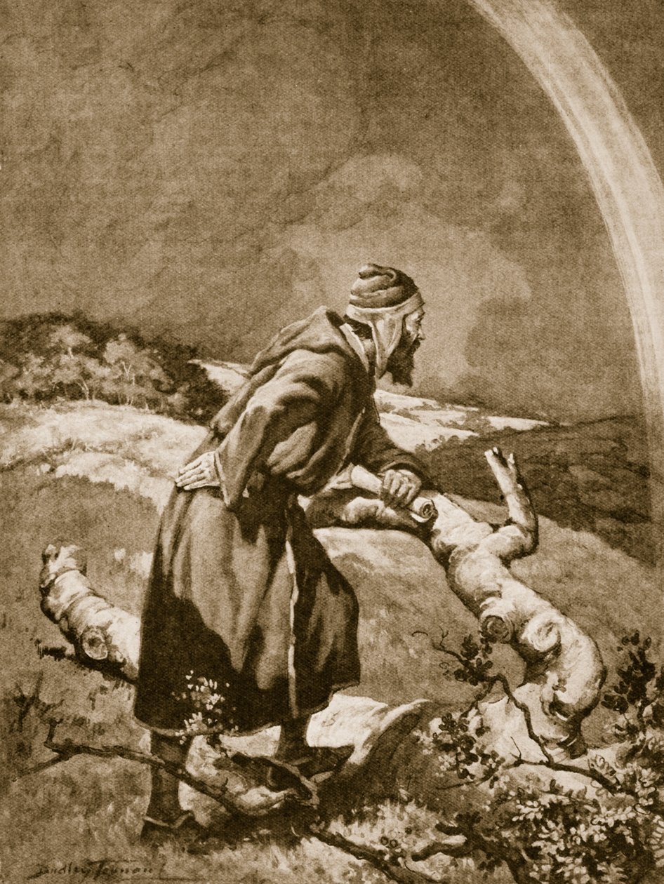Roger Bacon studerar en regnbåge (litho) av C. Dudley Tennant