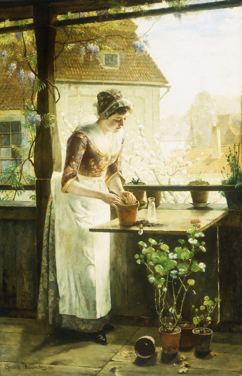 Kvinna som krukar blommor, 1890 av C. Hendrick Nordenberg