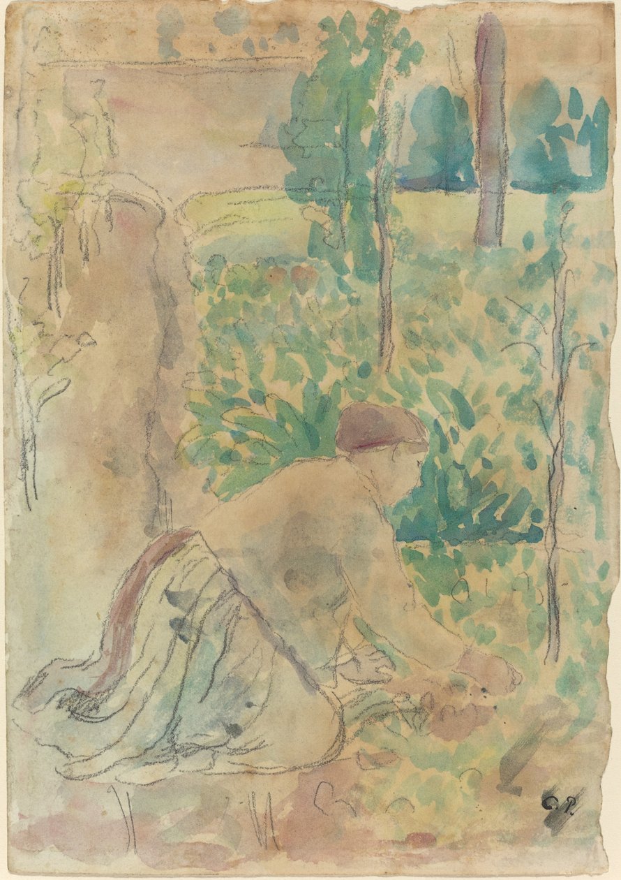 Kvinna som arbetar i en trädgård, . av Camille Pissarro